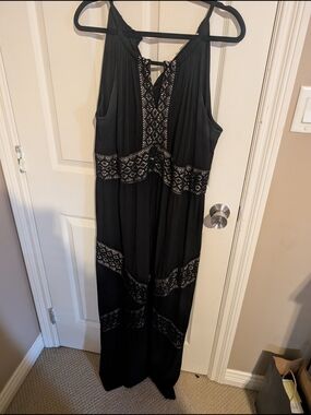 London Times Black Maxi Dress with Lace Trim